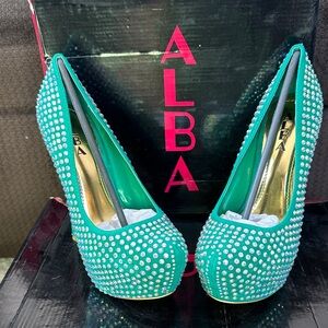 Alba Sea Green Crystal Embellished 7” Heels